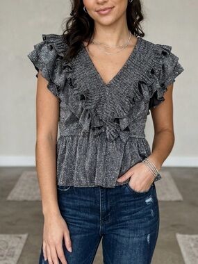 Entro Metallic Glitter Silver Sparkle Ruffle Detail Peplum Top Large